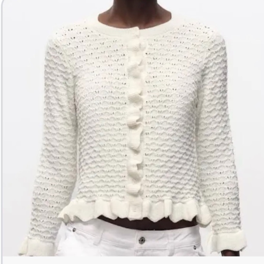 Zara white  Ruffle-Trim Knit Cardigan large - NWOT